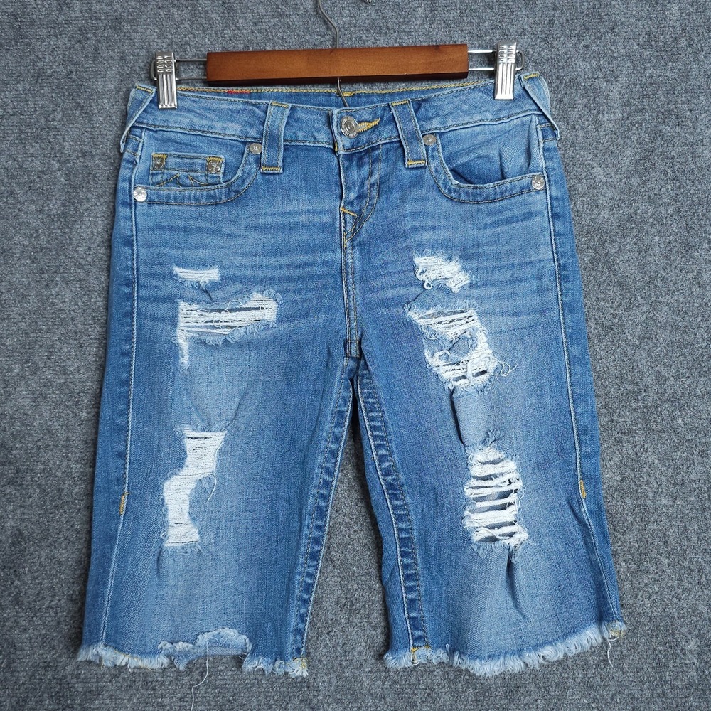 True Religion Jean Shorts Womens 26 Blue Bermuda Distressed Denim Stretch Jorts - Picture 2 of 8